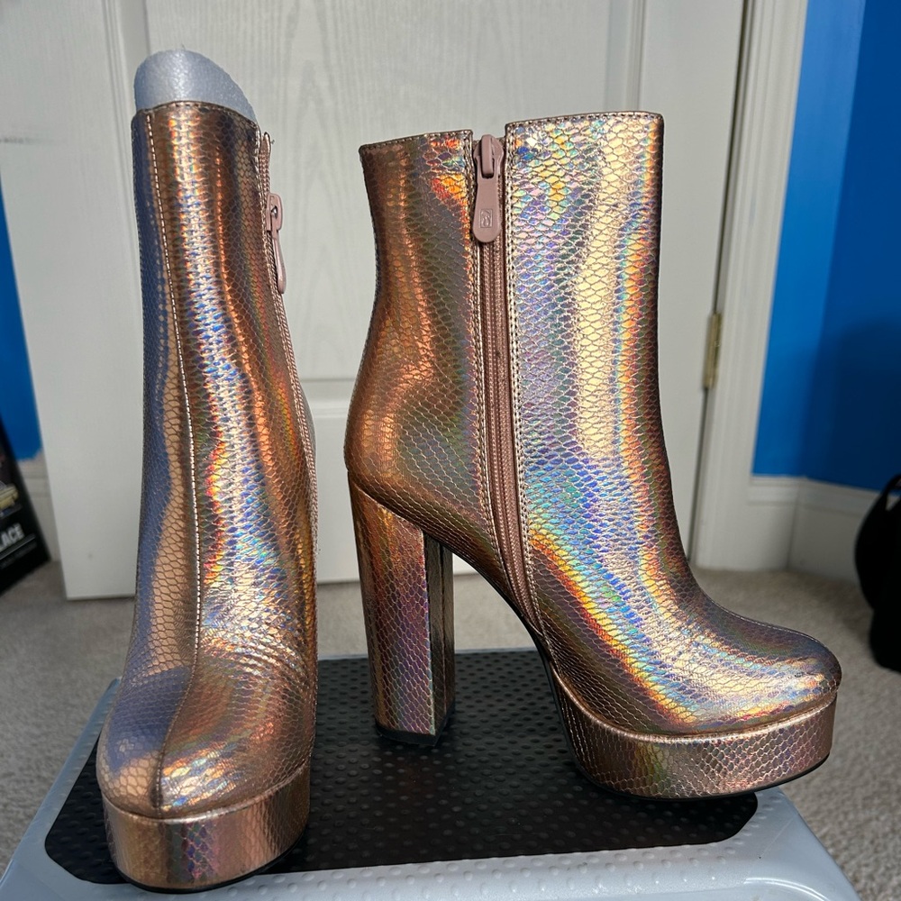 Rose gold holographic metallic boots